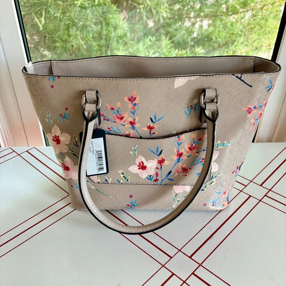 GUESS Taupe Floral Logo Vinyl Tote Bag Purse NWT Large Shopper